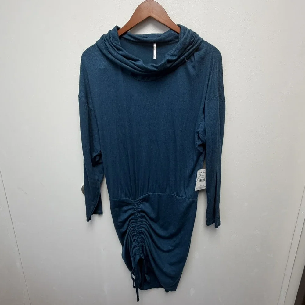 Free People Blue Teal Sundown Cowl Neck Ruched Mini Dress‎ New Size S Y2K